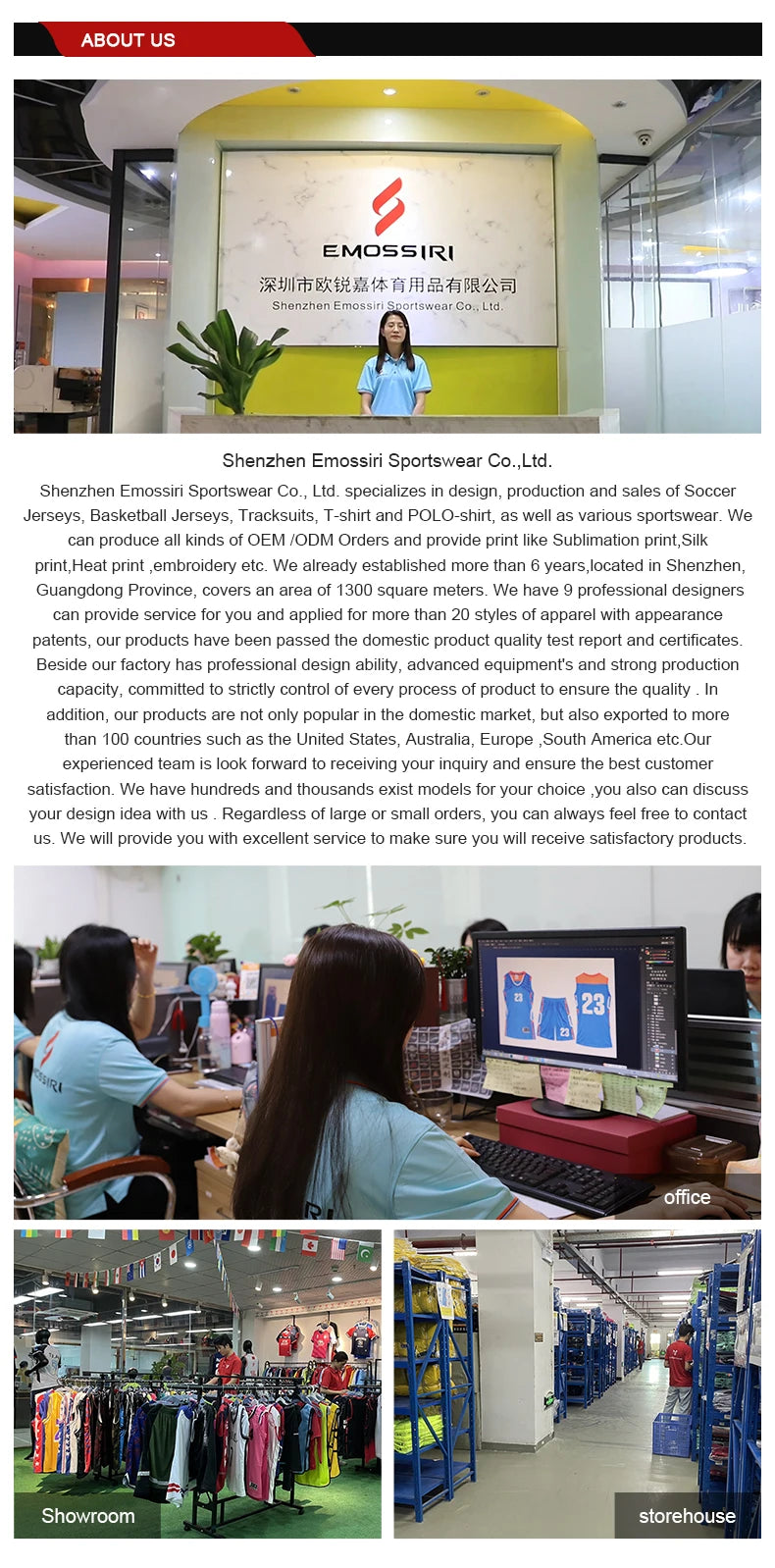 Emossiri Sportswear Co., Ltd. showcasing their office and product range including jerseys and athletic wear in a vibrant showroom.