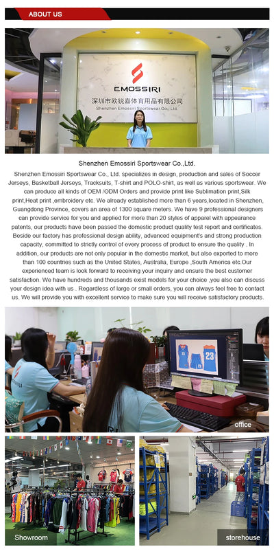Emossiri Sportswear Co., Ltd. showcasing their office and product range including jerseys and athletic wear in a vibrant showroom.