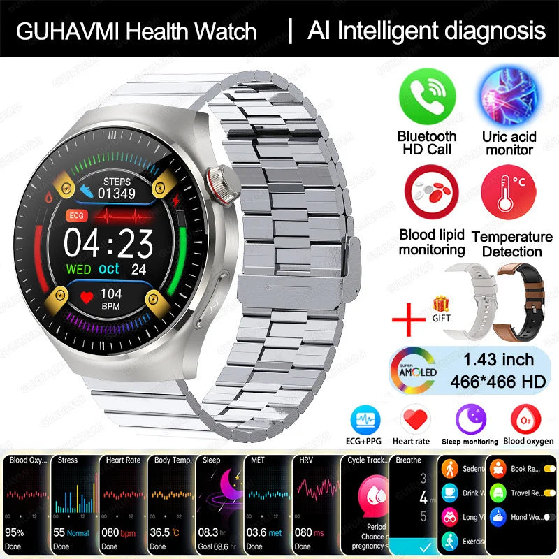 GUHAVMI Health Smartwatch with AI diagnosis, Bluetooth calling, temperature sensor, and fitness tracking features.