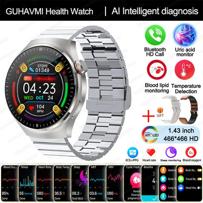 GUHAVMI Health Smartwatch with AI diagnosis, Bluetooth calling, temperature sensor, and fitness tracking features.