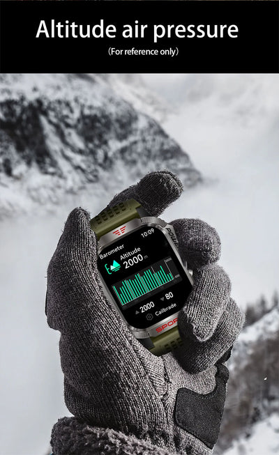 Close-up of a military GPS smartwatch displaying altitude air pressure in snowy outdoor setting.