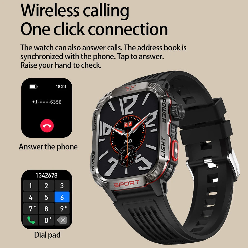 Military GPS smartwatch with wireless calling, featuring a digital dial pad and notification screen.