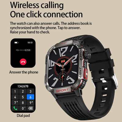 Military GPS smartwatch with wireless calling, featuring a digital dial pad and notification screen.