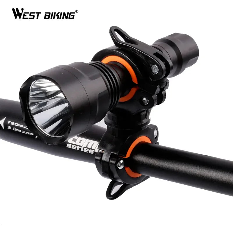 360° rotatable bike light bracket by West Biking, designed for handlebar mounting, featuring LED flashlight holder.