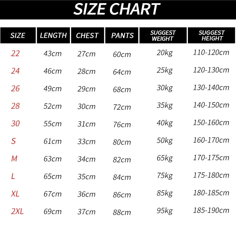 Size chart for men's compression sportswear set, detailing lengths, chest, pants measurements, and suggested weights and heights.