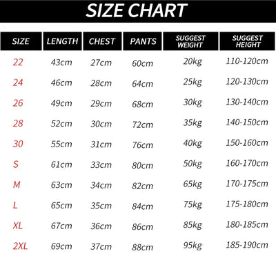 Size chart for men's compression sportswear set, detailing lengths, chest, pants measurements, and suggested weights and heights.