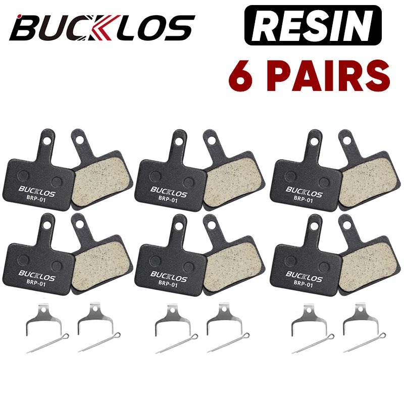 BUCKLOS resin disc brake pads BRP-01, 6 pairs with installation clips, compatible with Shimano models.