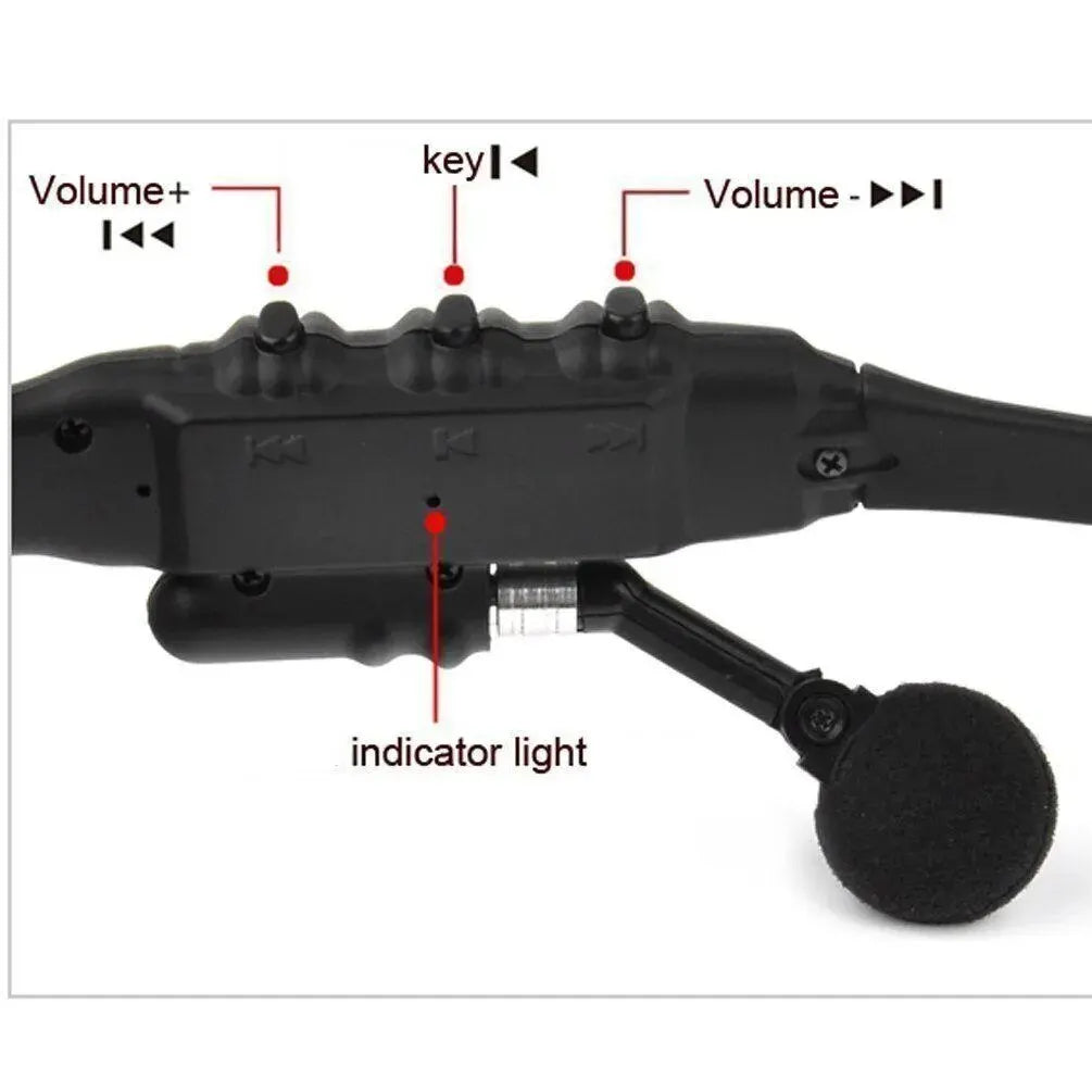 Close-up of wireless sunglasses headset control panel with volume buttons and indicator light.