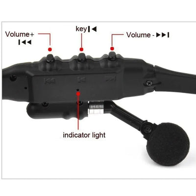 Close-up of wireless sunglasses headset control panel with volume buttons and indicator light.