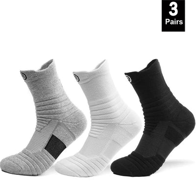 Set of 3 pairs of breathable elastic compression sports socks in gray, white, and black for men.