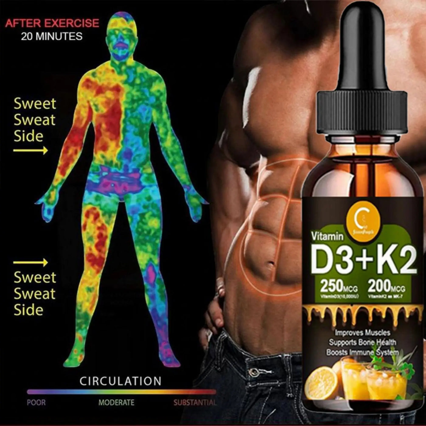 Vitamin D3+K2 body health supplement for improved circulation, muscle support, and bone health after exercise.