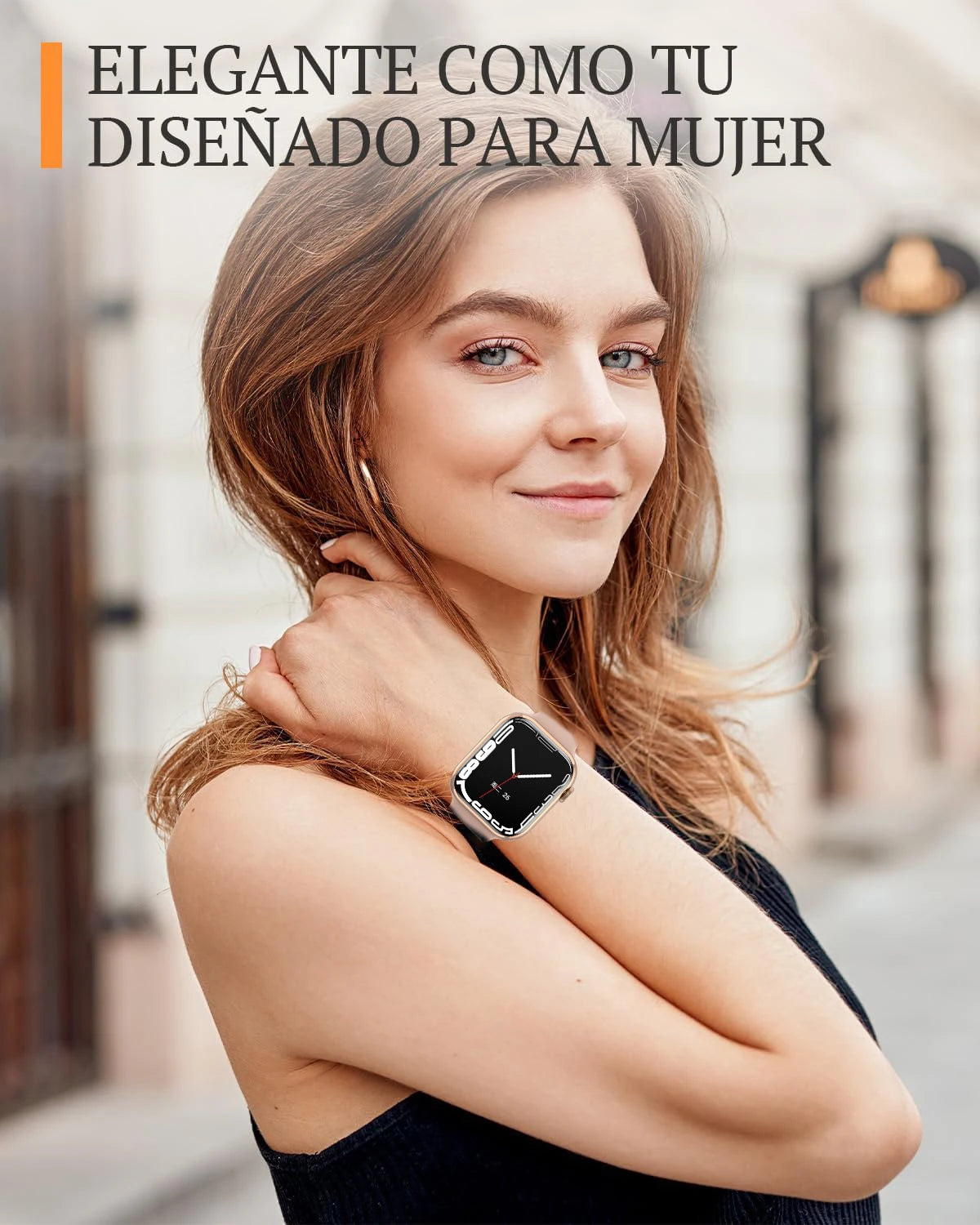 Elegant woman wearing a stylish smart watch, showcasing its design and versatility for everyday use.