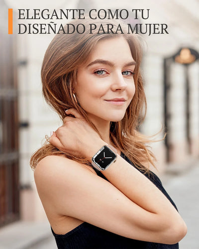 Elegant woman wearing a stylish smart watch, showcasing its design and versatility for everyday use.