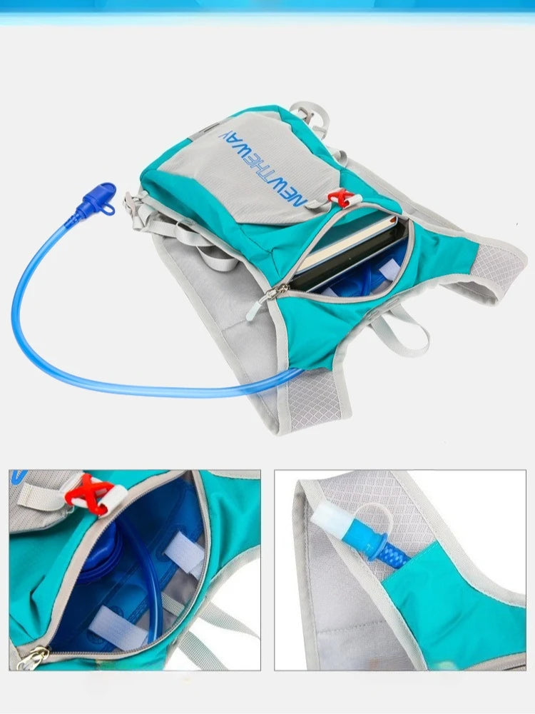 Ultralight waterproof hydration backpack showing hydration system and storage pockets, ideal for outdoor running and cycling.