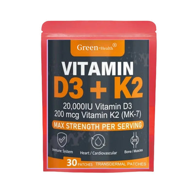 Vitamin D3 & K2 transdermal patches for strong bones, muscles, and immune health - 30 patches packaging.