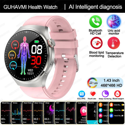 GUHAVMI Health Watch with AI diagnosis, Bluetooth HD call, temperature detection, and health monitoring features.