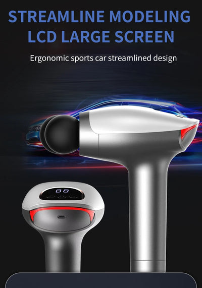 Double headed massage gun with LCD screen, designed for deep tissue muscle relief and ergonomic comfort.