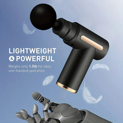 Lightweight and powerful deep tissue massage gun, weighing only 1.5lbs for easy one-handed use and muscle relaxation.