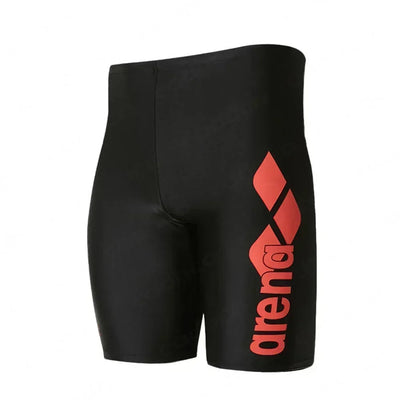 Men's black swim jammer with red arena logo, perfect for swimming and beach activities.