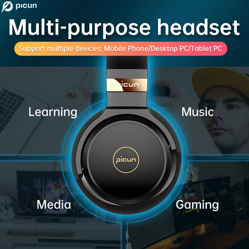 Picun multi-purpose headset for learning, music, media, and gaming; compatible with mobile phones and tablets.