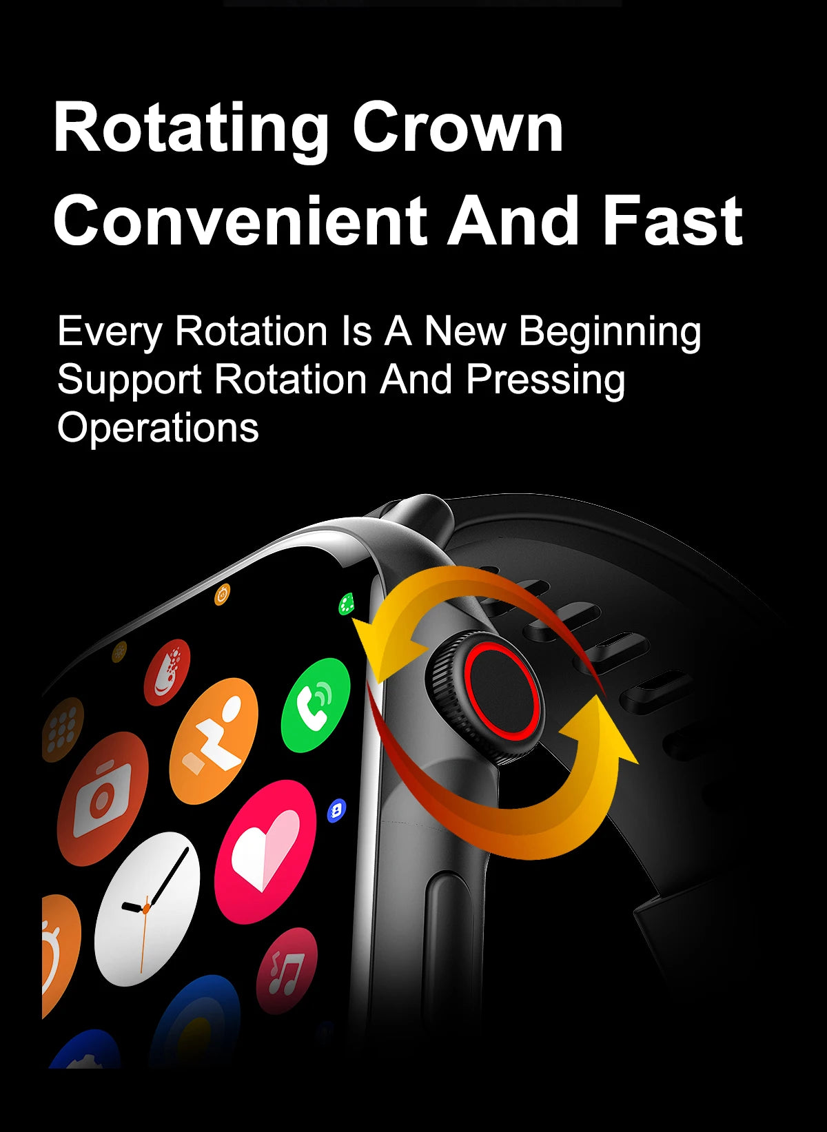 Smart watch rotating crown feature, showcasing convenience for easy navigation and operations.