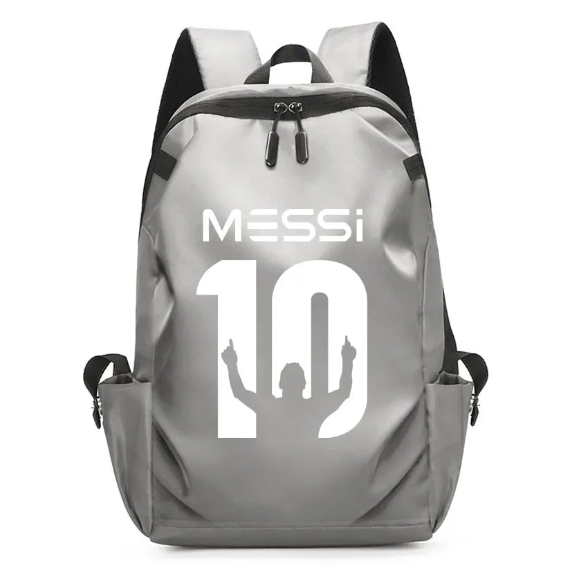 Gray Messi 10 backpack, unisex design for students, features zipper closure and sporty style.
