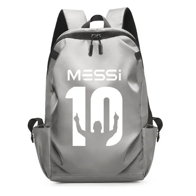 Gray Messi 10 backpack, unisex design for students, features zipper closure and sporty style.