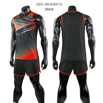 Custom unisex marathon running suit in black with vibrant design, perfect for track and field sportswear.