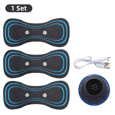 Electric EMS Neck Massager set featuring three pads and a control unit for pain relief and muscle relaxation.