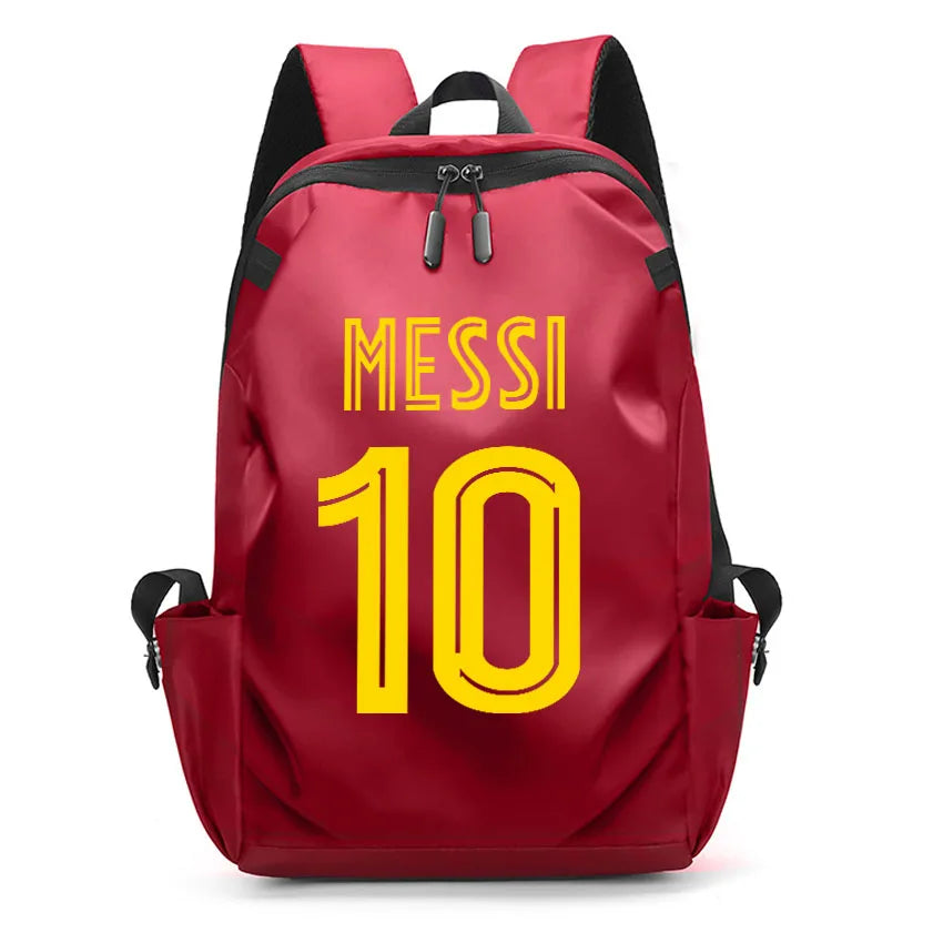 Red unisex backpack with Messi's name and number 10, ideal for students and sports fans.