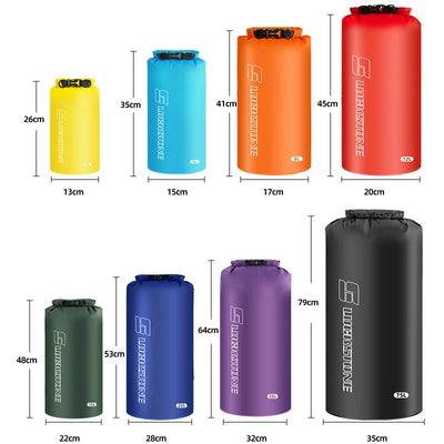 Variety of waterproof dry bags in different sizes and colors for drifting and swimming storage, ideal for outdoor activities.