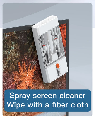 22-in-1 cleaning kit with spray screen cleaner and fiber cloth for digital devices and monitors.