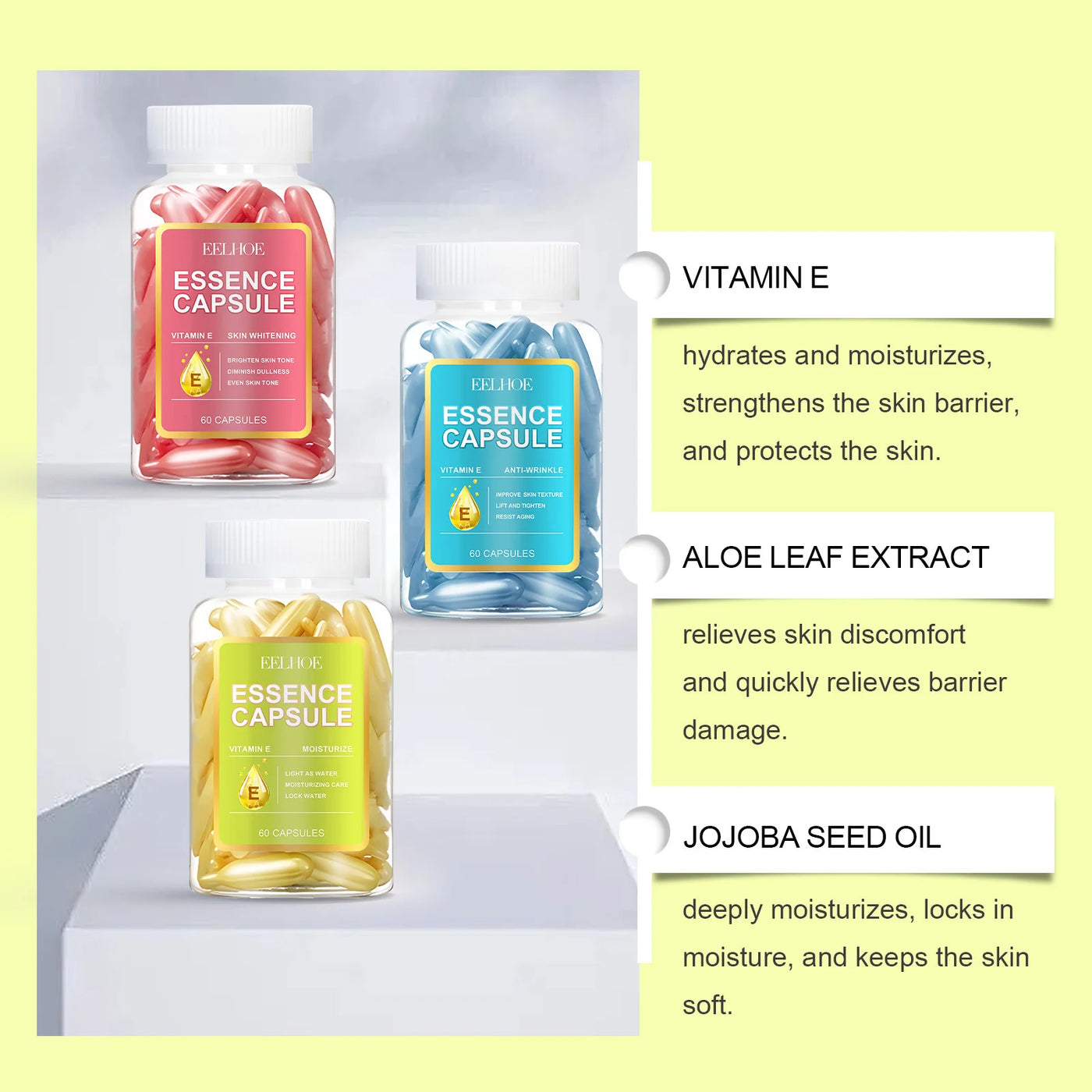 Vitamin E, Aloe Leaf Extract, and Jojoba Seed Oil essence capsules for skincare nourishment and hydration.