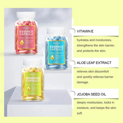 Vitamin E, Aloe Leaf Extract, and Jojoba Seed Oil essence capsules for skincare nourishment and hydration.
