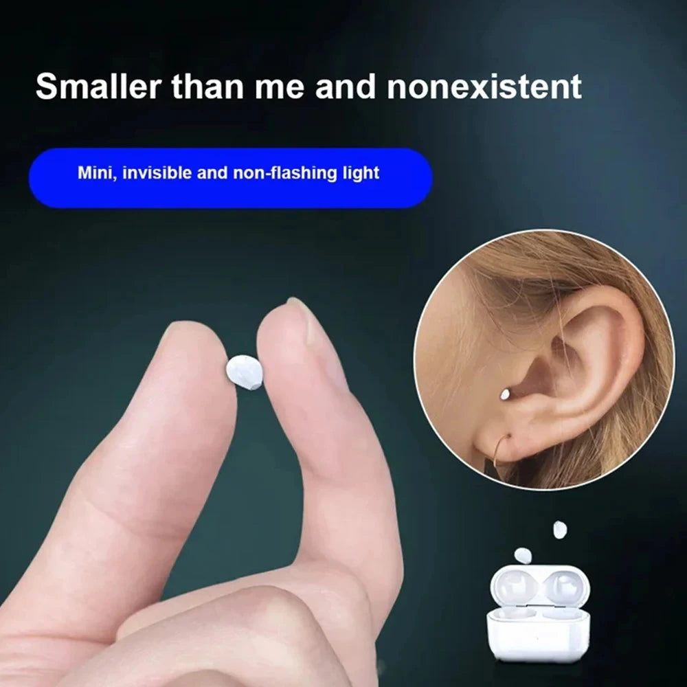 Mini invisible TWS earbuds held between fingers, showcasing their compact size next to an ear and charging case.
