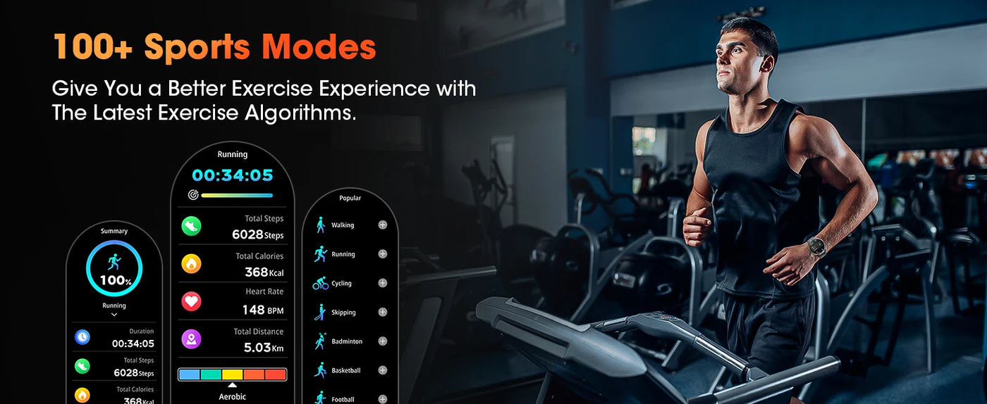 Man exercising on treadmill with smartwatch, showcasing 100+ sports modes and advanced exercise tracking.
