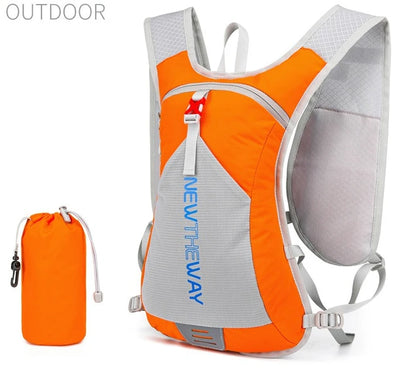 Ultralight waterproof hydration backpack in orange and gray, ideal for outdoor running and cycling, with a compact storage pouch.