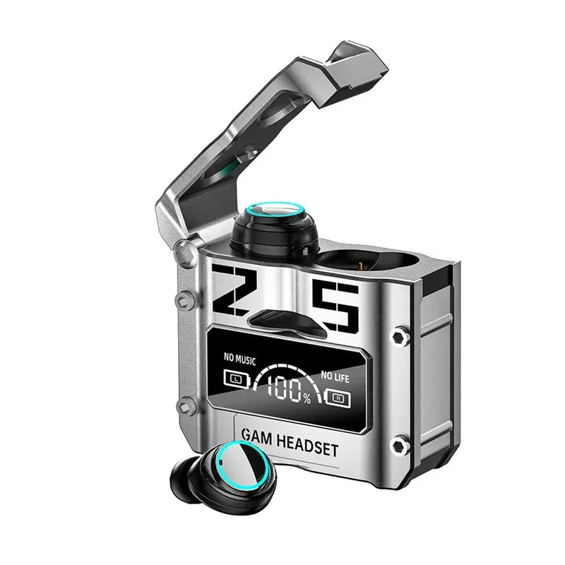 TWS wireless headphones in charging case with digital display, featuring touch control and noise reduction technology.