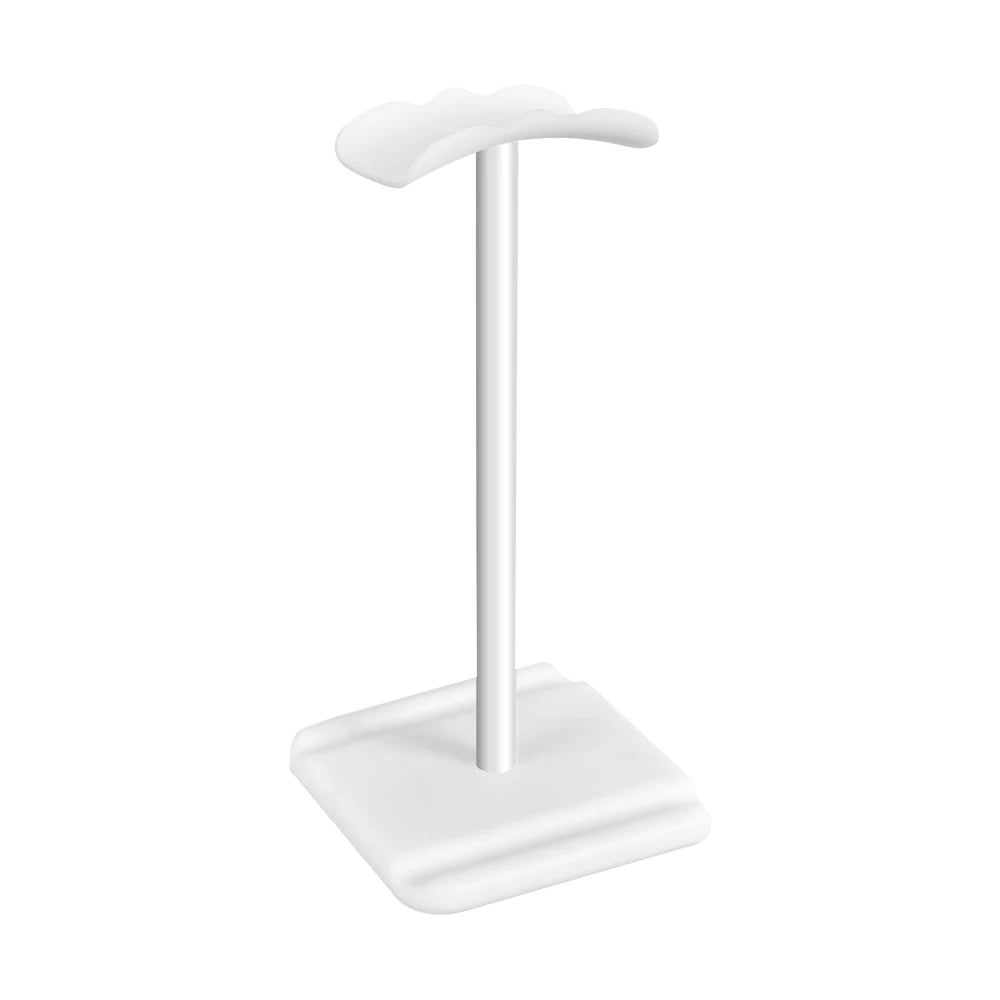 White universal headphone stand rack desktop organizer mount for headsets and earphones.