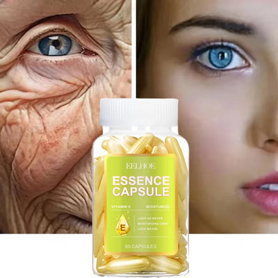 Vitamin E face essence capsules for moisturizing and anti-aging skincare, with before and after skin improvements.