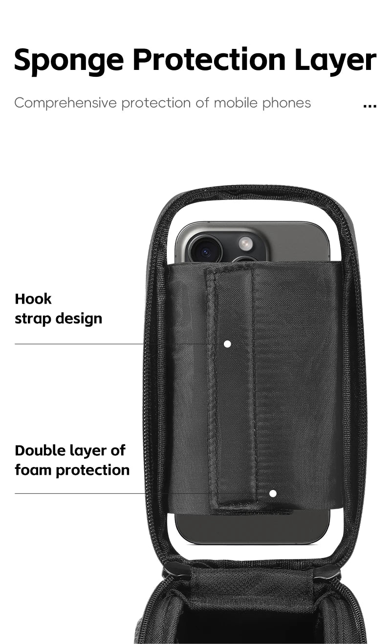 Close-up of a bike phone bag showing sponge protection layer and double foam layer for mobile phone safety.