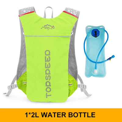 Ultralight hydration running vest in neon green with 2L water bottle for breathability and comfort during outdoor activities.