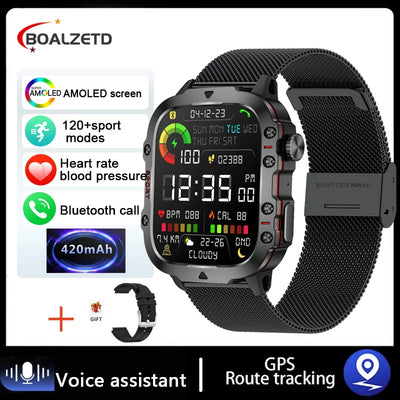 Rugged military smart watch with AMOLED screen, GPS tracking, and fitness features including heart rate monitor.