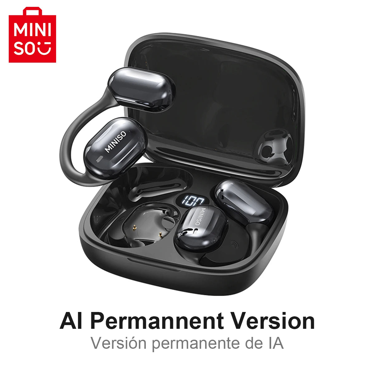 MINISO MS162 Bluetooth Translation Earbuds in wireless charging case with AI features and sleek design.