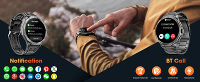 Smartwatch displaying notifications and BT call features with user interacting outdoors.