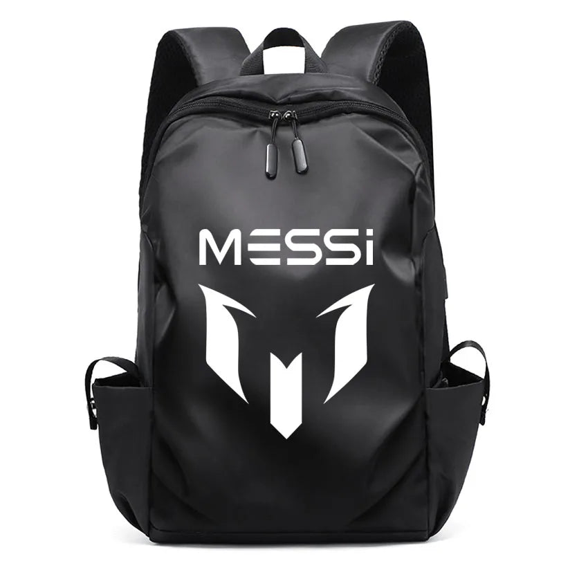Black backpack with MESSI logo, designed for unisex college students, featuring soft straps and a sleek, stylish look.