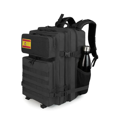 45L tactical backpack in black with multi-functional compartments, suitable for hiking, camping, and outdoor activities.