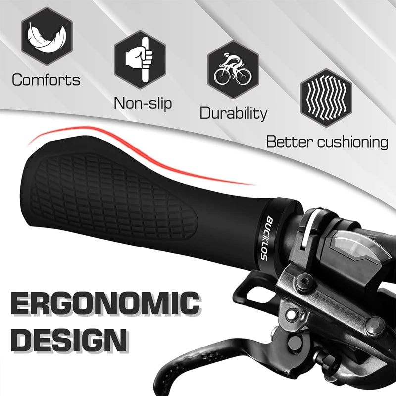 BUCKLOS ergonomic bike handlebar grips showcasing comfort, non-slip, durability, and cushioning features.