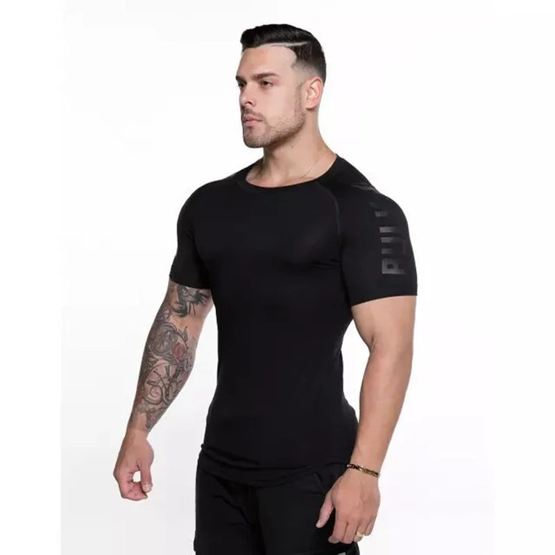 2024 Men Running Sports T-shirt in black, tight fit for bodybuilding and fitness training, quick-dry polyester material.