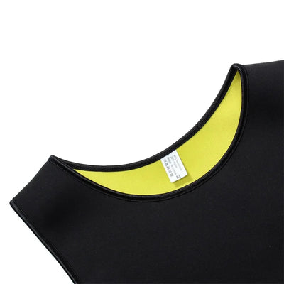 Men's slimming body shaper vest in black with a contrast yellow interior, designed for waist training and fat burning.